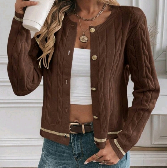 Women's Casual Contrast Trim Button Front Cardigan, Autumn/Winter - Picture 2 of 4